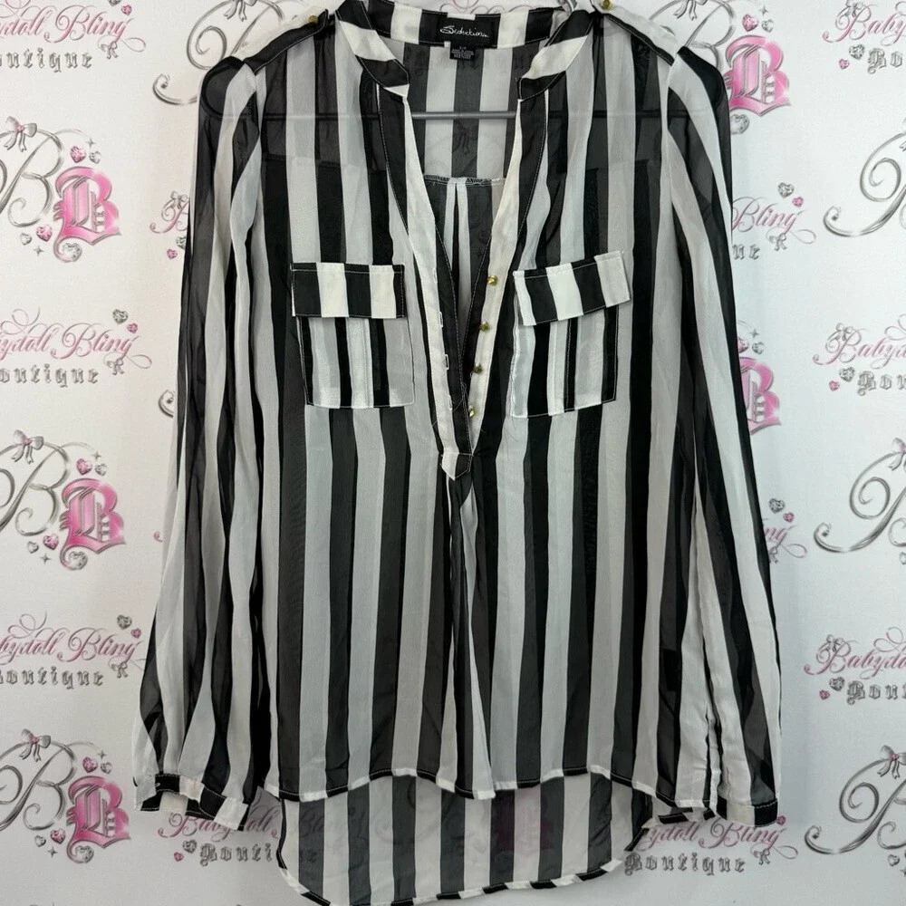 Seductions button up stripes gold button Chic Striped Black and White Blouse